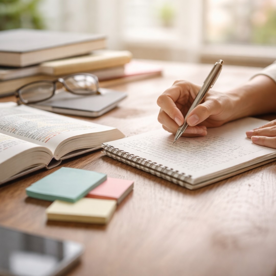 Azubi recherchiert Fachliteratur und macht Notizen beim Facharbeit schreiben in der Erzieher-Ausbildung.