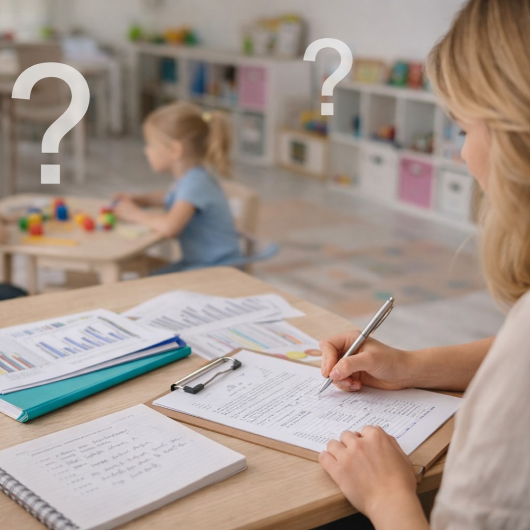 Azubi beobachtet Kinder im Gruppenraum der Kita und macht Notizen für ihre Institutionsanalyse in der Erzieher-Ausbildung.